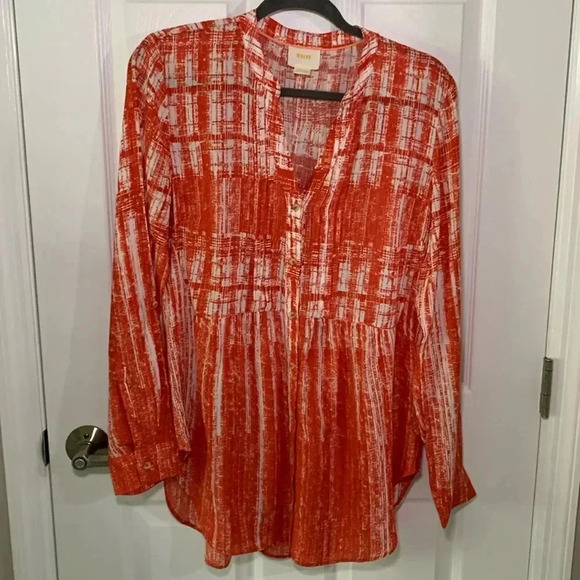 Maeve for Anthropologie orange and white long sleeved blouse size 10 - Picture 1 of 9